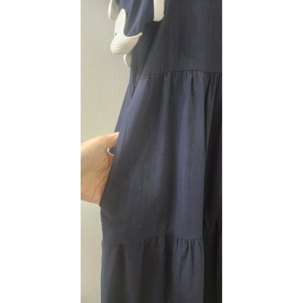 White Closet Elements Navy Blue Ric Rac Tiered Cotton Midi Dress XL